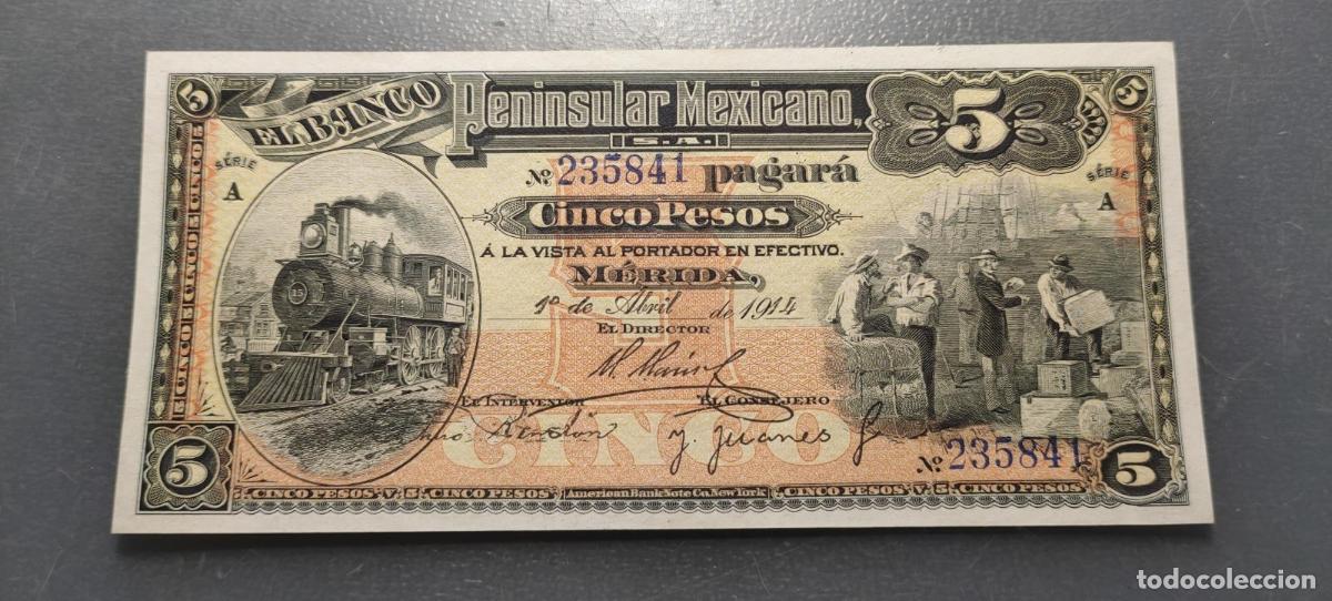 Billetes extranjeros: MEXICO BANCO PENINSULAR 5 PESOS 01/04/1914 P-5465a SC-/SC