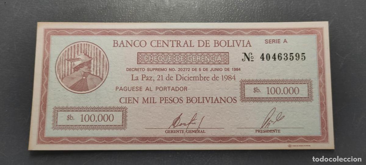 Billetes extranjeros: BOLIVIA 100.000 PESOS BOLIVIANOS 21/12/1984 P-188 SC UNC
