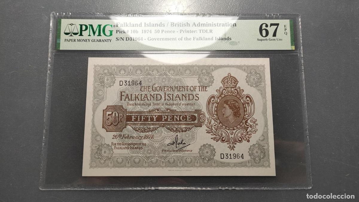 Billetes extranjeros: FALKLAND ISLANDS ISLAS MALVINAS BRITISH ADMIN 50 PENCE 1974 P-10b SC UNC 67 EPQ