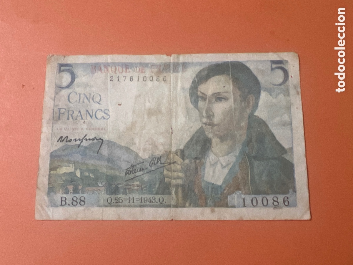 Billetes extranjeros: B214. FRANCIA BILLETE DE 5 FRANCOS 1943 -PASTOR-