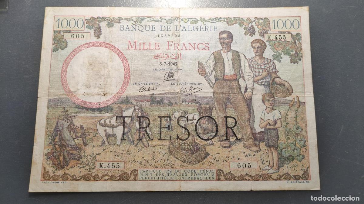 Billetes extranjeros: ARGELIA ALGERIA 1000 FRANCS 3/7/1942 OVERPRINT &rdquo;TRESOR&rdquo; P-89