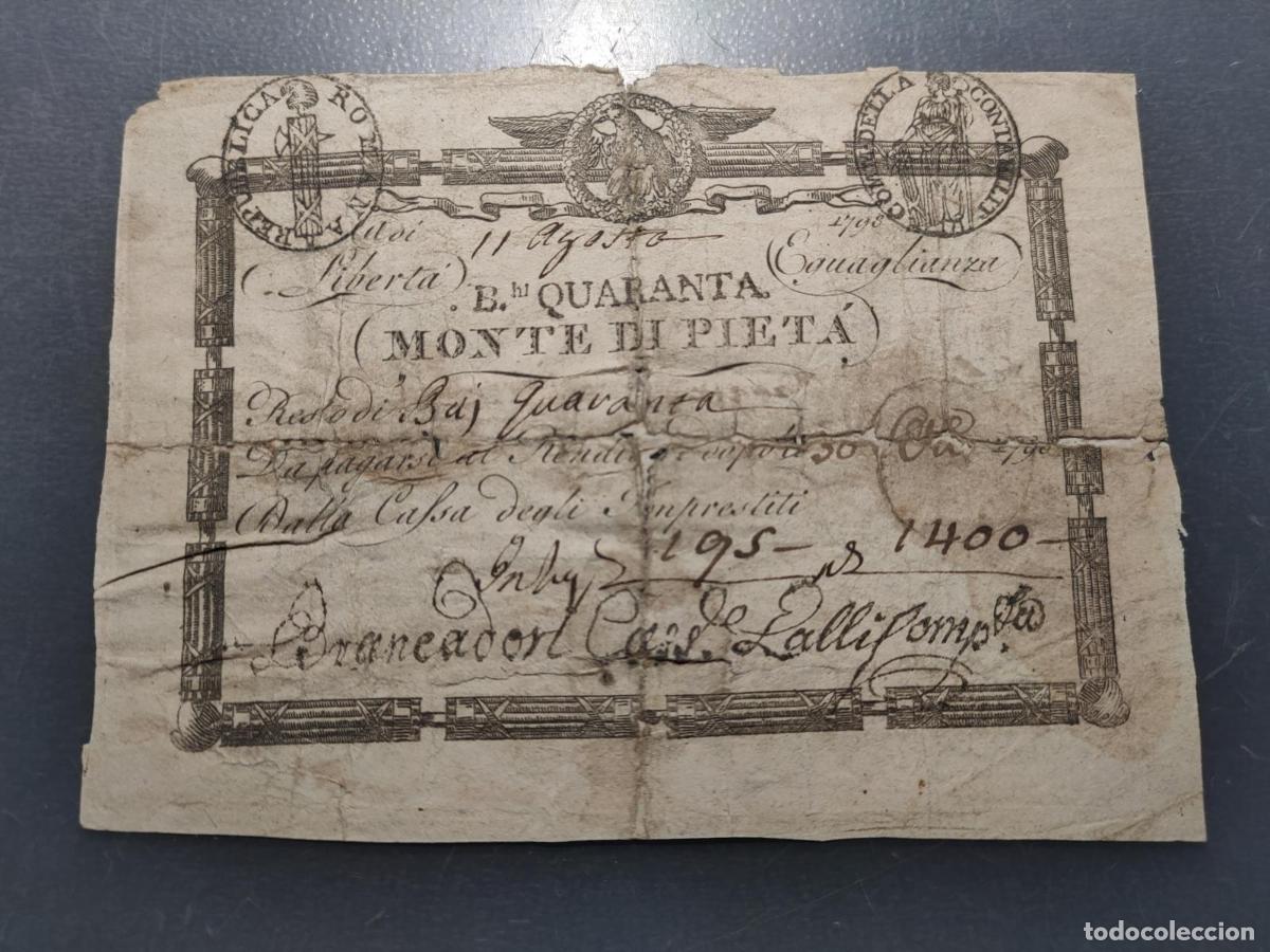 Banconote internazionali: ITALIA REPUBLICA ROMANA 40 BAJOCCHI 1798 ARREGLO ANTIGUO