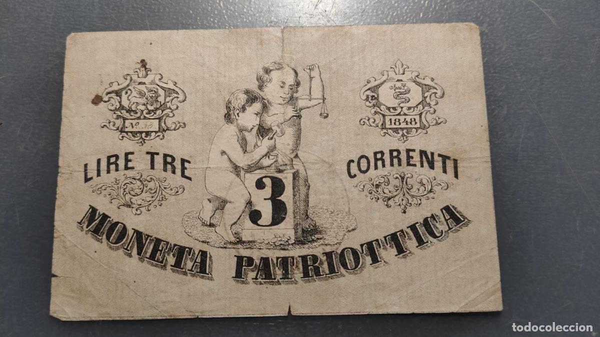 Banconote internazionali: ITALIA VENEZIA VENECIA 3 LIRE 3 LIRAS 1848 MONETA PATRIOTTICA