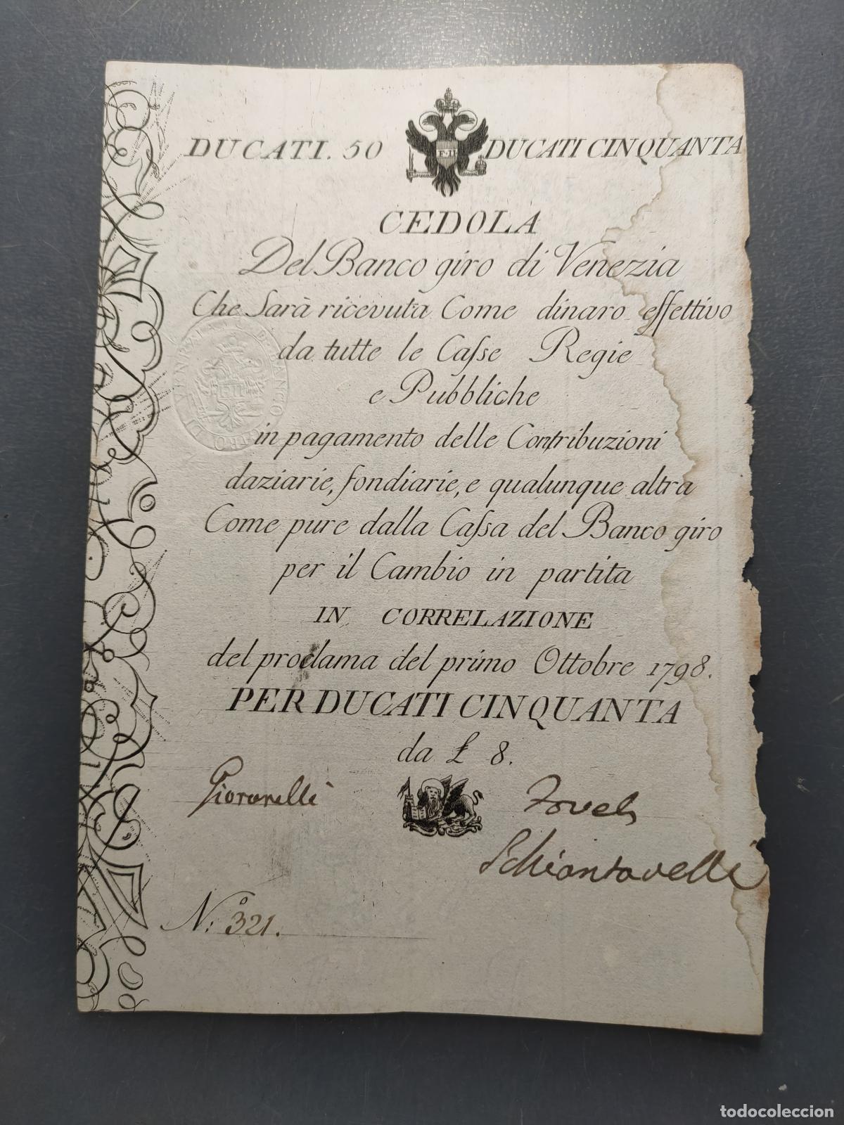 Banconote internazionali: ITALIA VENICE VENEZIA BANCO GIRO DI VENEZIA LOMBARDO VENETO AUSTRIA 50 DUCATI 01/10/1798 SCARCE ESCA