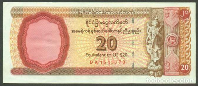 Billetes extranjeros: MYANMAR (Birmania). 20 dolares USA (1997). Certificado para extranjero. Pick FX4. Maximo valor.