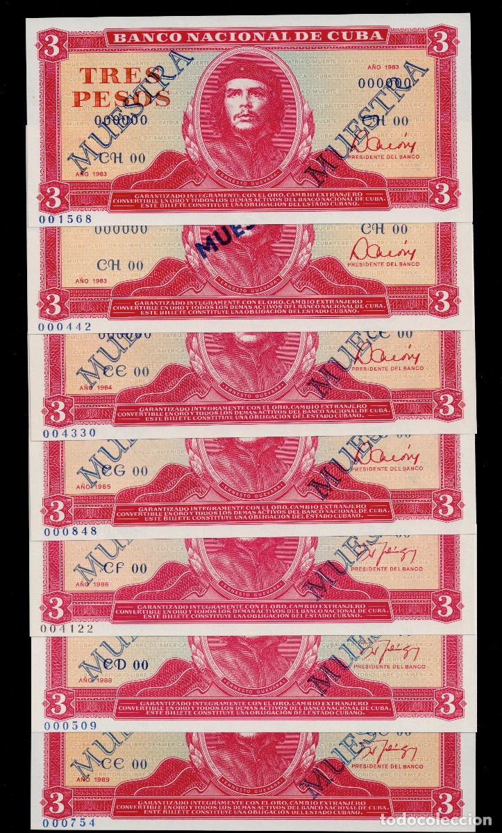Billetes extranjeros: CUBA 3 PESOS 1983-1989 UNC/SC MUESTRA Pick.107as-fs SET - LOTE de 7 Billetes. Che Guevara