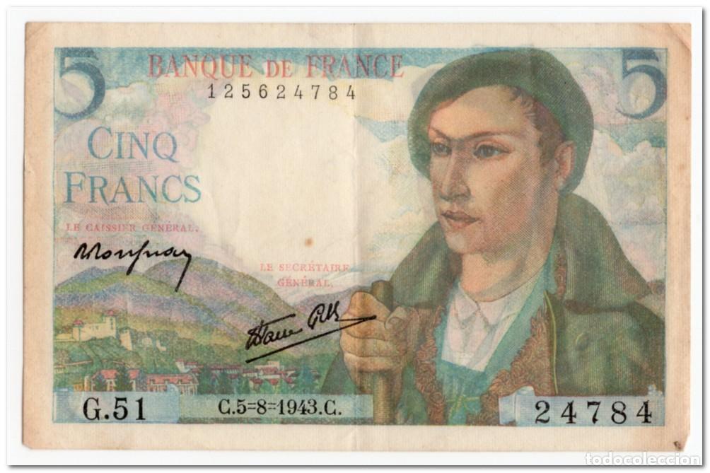 Billetes extranjeros: FRANCE,5 FRANCS,1943,P.98a,VF+