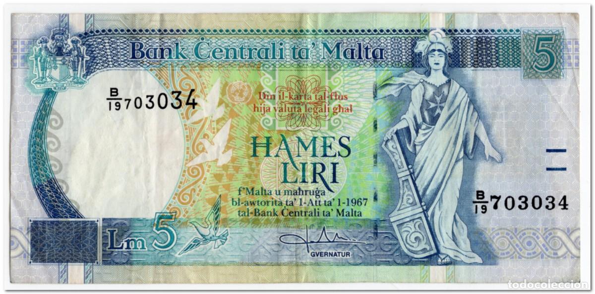 Billetes extranjeros: MALTA,5 LIRI,1994,P.46b,aVF