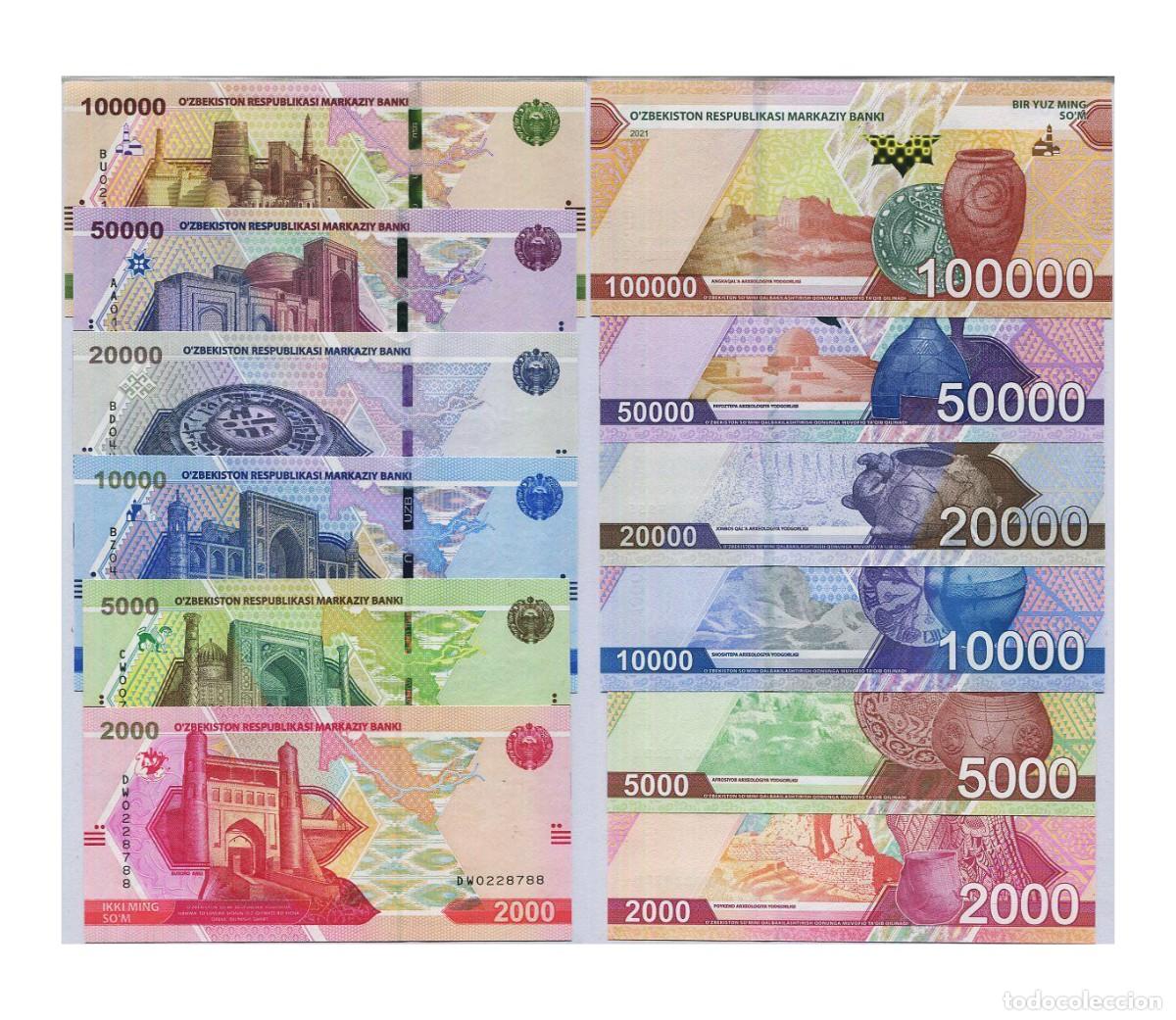 Billetes extranjeros: Uzbekistan Set 6 pcs 2000 5000 10000 20000 50000 y 100000 Som 2021 Sin Circular