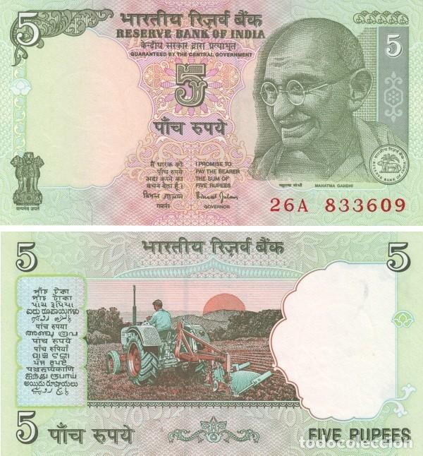 Billetes extranjeros: Billete India 5 Rupias (2002-2008) UNC Pick 88Aa