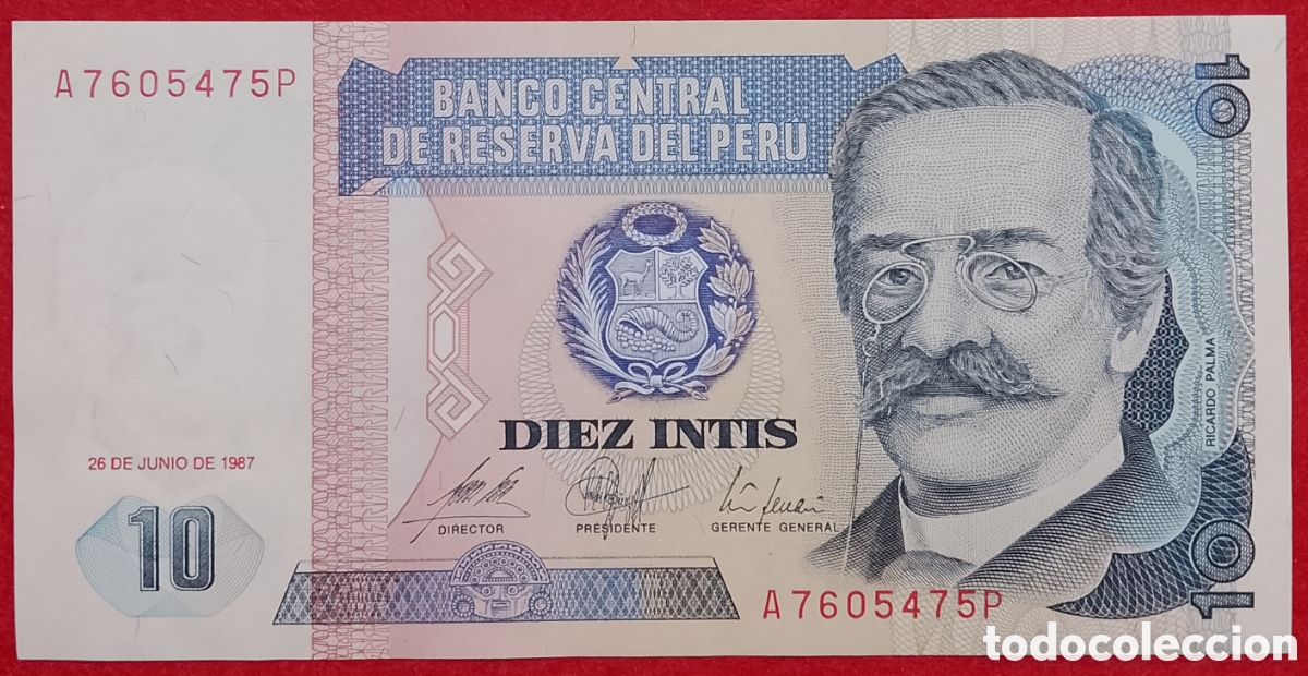Billetes extranjeros: Billete de Per&uacute; 10 Intis Pick P#129 1987 s/c