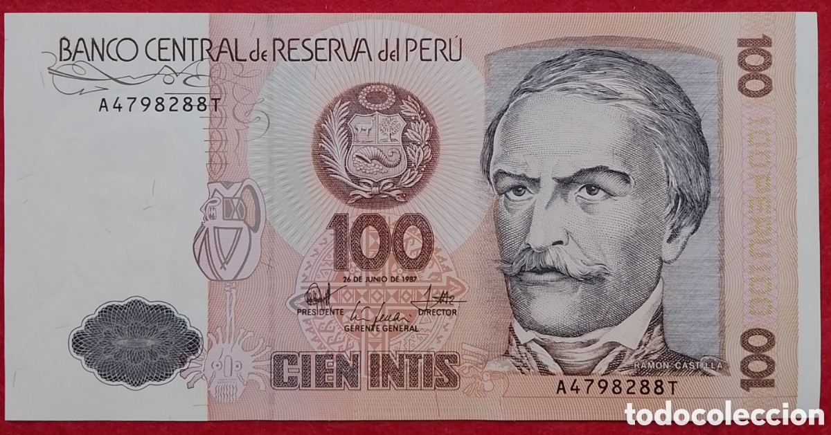 Billetes extranjeros: Billete de Per&uacute; 100 Intis Pick P#133 1987 s/c
