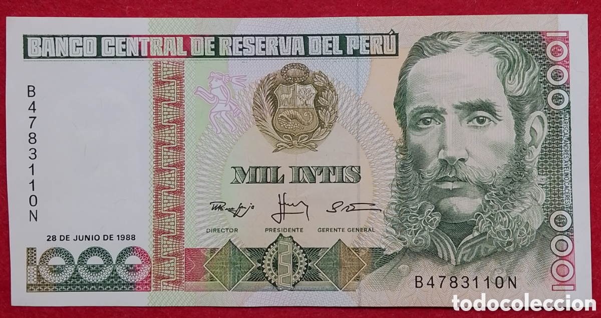 Billetes extranjeros: Billete de Per&uacute; 1000 Intis Pick variante P#136b.2 1988 s/c