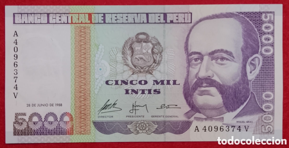Billetes extranjeros: Billete de Per&uacute; 5000 Intis Pick variante P#137a 1988 s/c