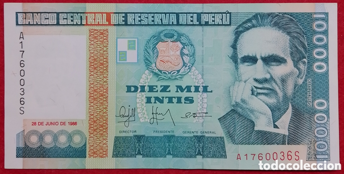 Billetes extranjeros: Billete de Per&uacute; 10000 Intis Pick P#140 1988 s/c