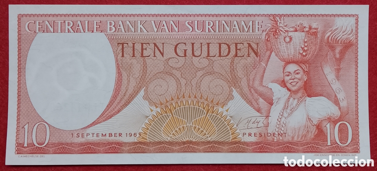 Billetes extranjeros: Billete de Suriname 10 gulden Pick P#121 1963 s/c