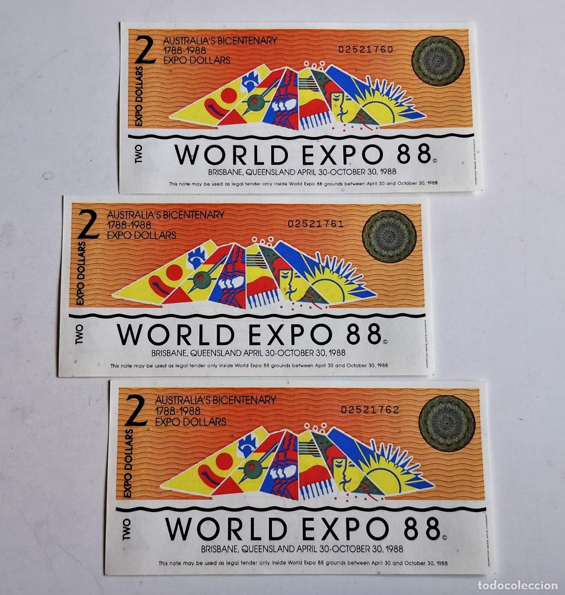 Billetes extranjeros: 3 BILLETES WORLD EXPO 88 2 DOLLARS AUSTRALIA - 1988 UNC