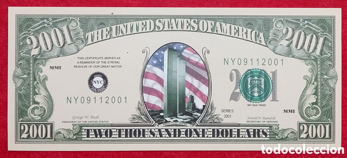 Billetes extranjeros: Billete conmemorativo de fantas&iacute;a U.S.A torres gemelas 2001