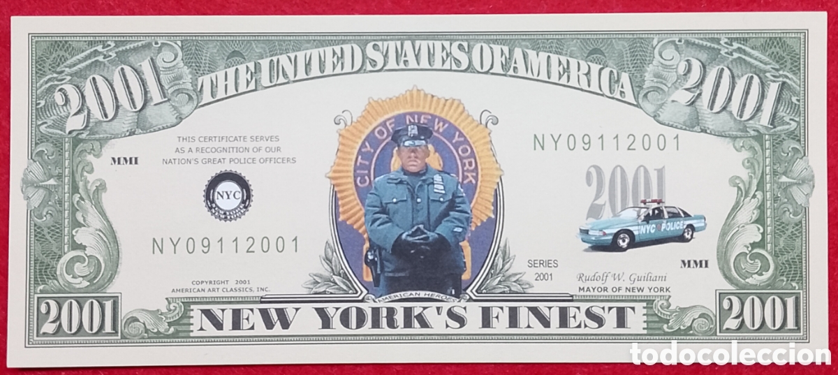 Billetes extranjeros: Billete conmemorativo de fantas&iacute;a U.S.A polic&iacute;as de Nueva York 2001