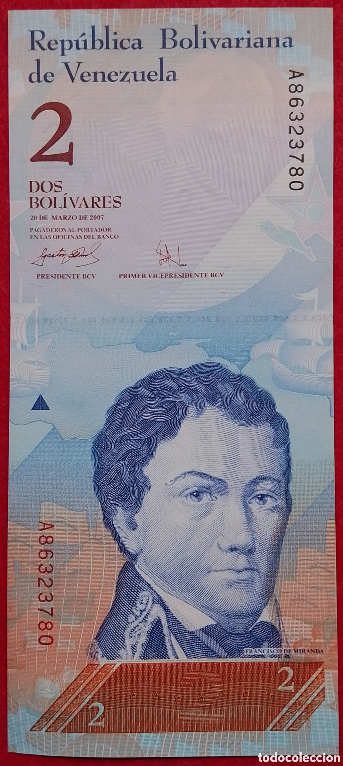Billetes extranjeros: Billete de Venezuela 2 Bol&iacute;vares variante Pick P#88a 2007 s/c