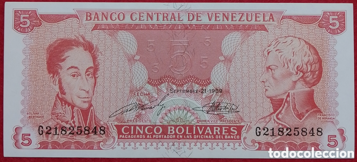 Billetes extranjeros: Billete de Venezuela 5 Bol&iacute;vares variante Pick P#70b 1989 s/c