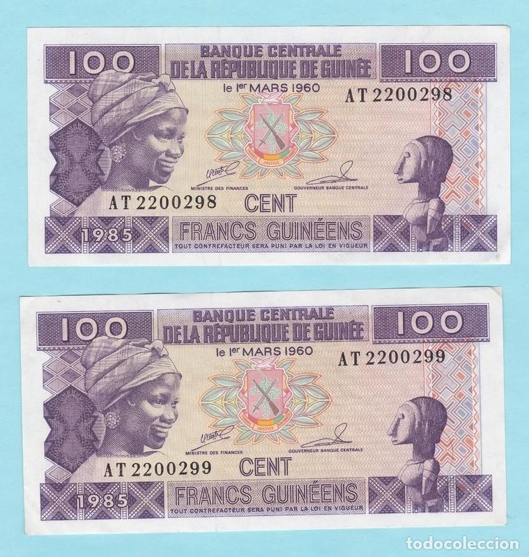 Billetes extranjeros: Republica de Guinea. Pareja de billetes de 100 Francos. A&ntilde;o 1986. Pareja Correlativa. Calidad SC-
