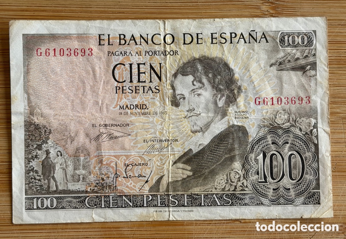 Billetes extranjeros: Billete de 100 PESETAS de 1965- Serie G- GUSTAVO ADOLFO BECQUER