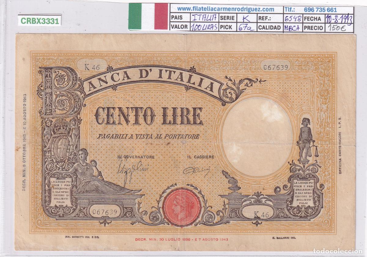 Billetes extranjeros: CRBX3331 BILLETE ITALIA 100 LIRAS 1943 SERIE K P-67A MBC+
