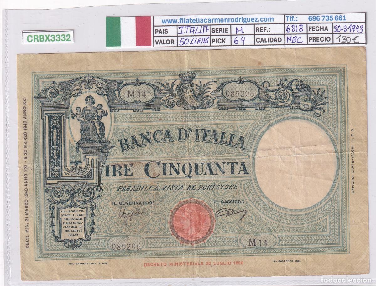 Billetes extranjeros: CRBX3332 BILLETE ITALIA 50 LIRAS 1943 SERIE M P-64 MBC