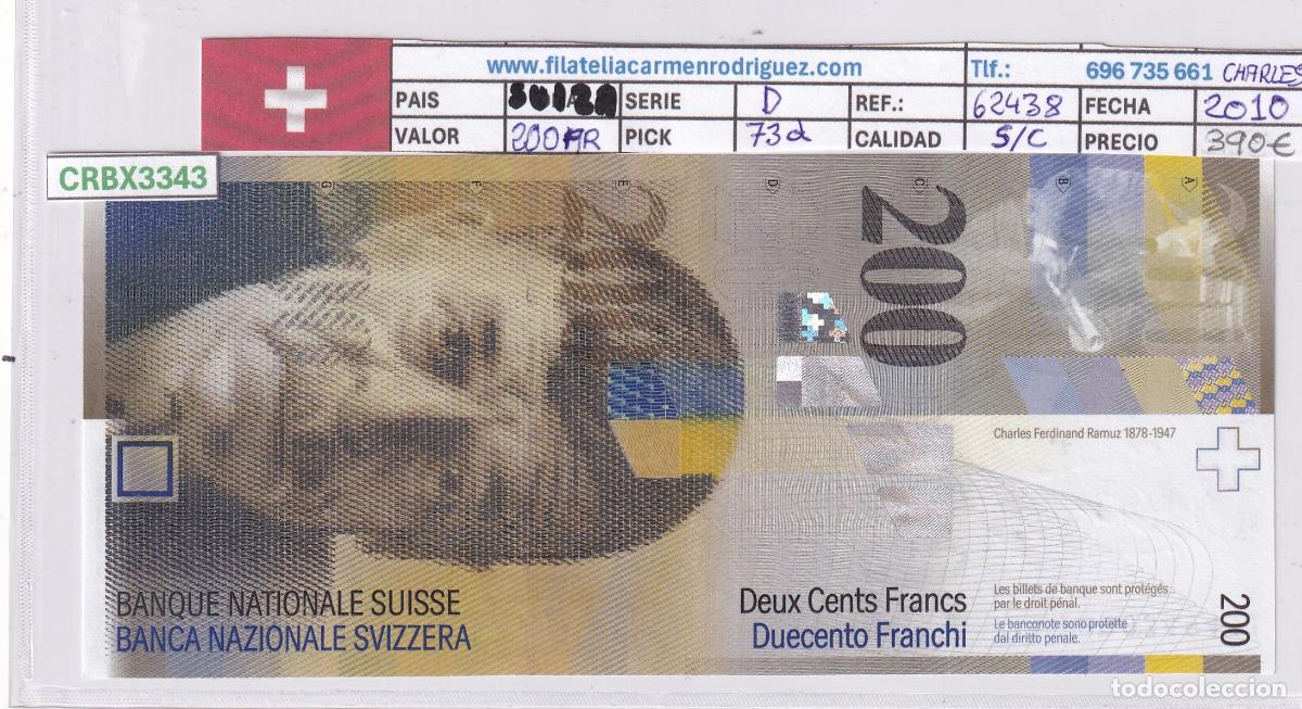 Billetes extranjeros: CRBX3343 BILLETE SUIZA 200 FRANCOS 2010 SERIE D SIN CIRCULAR