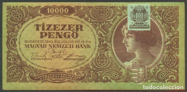 International Banknotes: HUNGRIA. 10000 pengo 15.7. 1945. Pick 119 b. Con sello adhesivo.