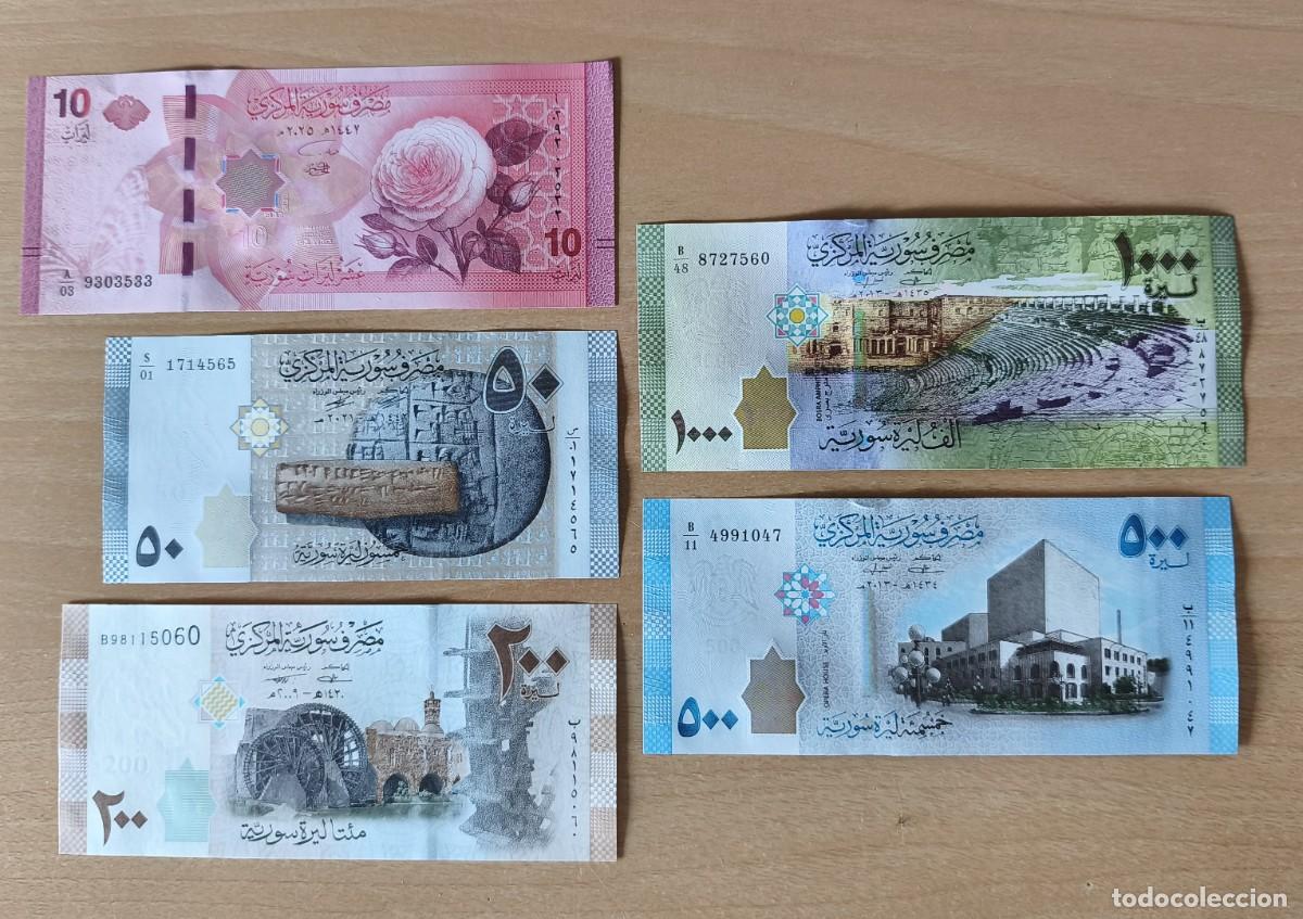 Internationale Banknoten: Lote 5 Billetes de Siria 10, 50, 200, 500 y 1000 Libras UNC varias fechas