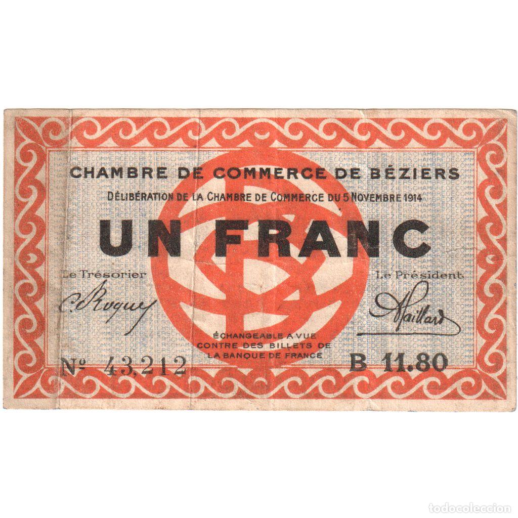 Billetes extranjeros: [#1185218] Francia, B&eacute;ziers, 1 Franc, 1914-11-05, S&eacute;rie B, BC