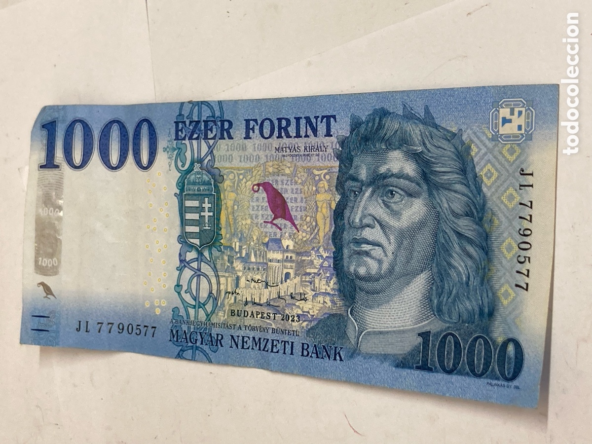 Billetes extranjeros: billete de 1000 Forint de Hungr&iacute;a muestra el retrato del Rey Mat&iacute;as Corvino
