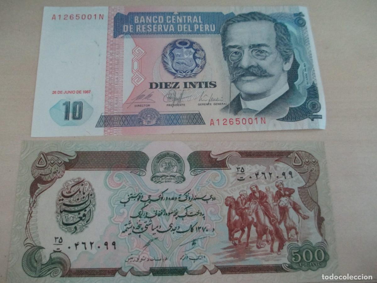 Billetes extranjeros: Lote de billete de Afganistan y peruano.