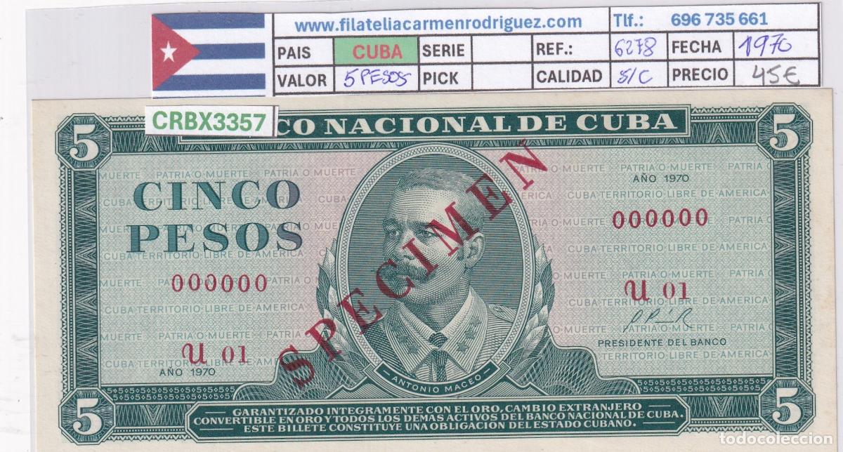Billetes extranjeros: CRBX3357 BILLETE CUBA 5 PESOS 1970 SPECIMEN SERIE U SC