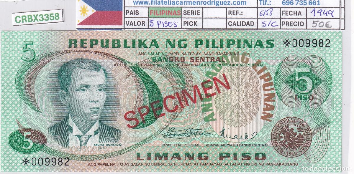 Billetes extranjeros: CRBX3358 BILLETE FILIPINAS 5 PISOS 1949 SPECIMEN SC