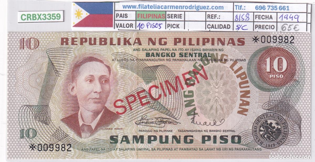 Billetes extranjeros: CRBX3359 BILLETE FILIPINAS 10 PISOS 1949 SPECIMEN SC