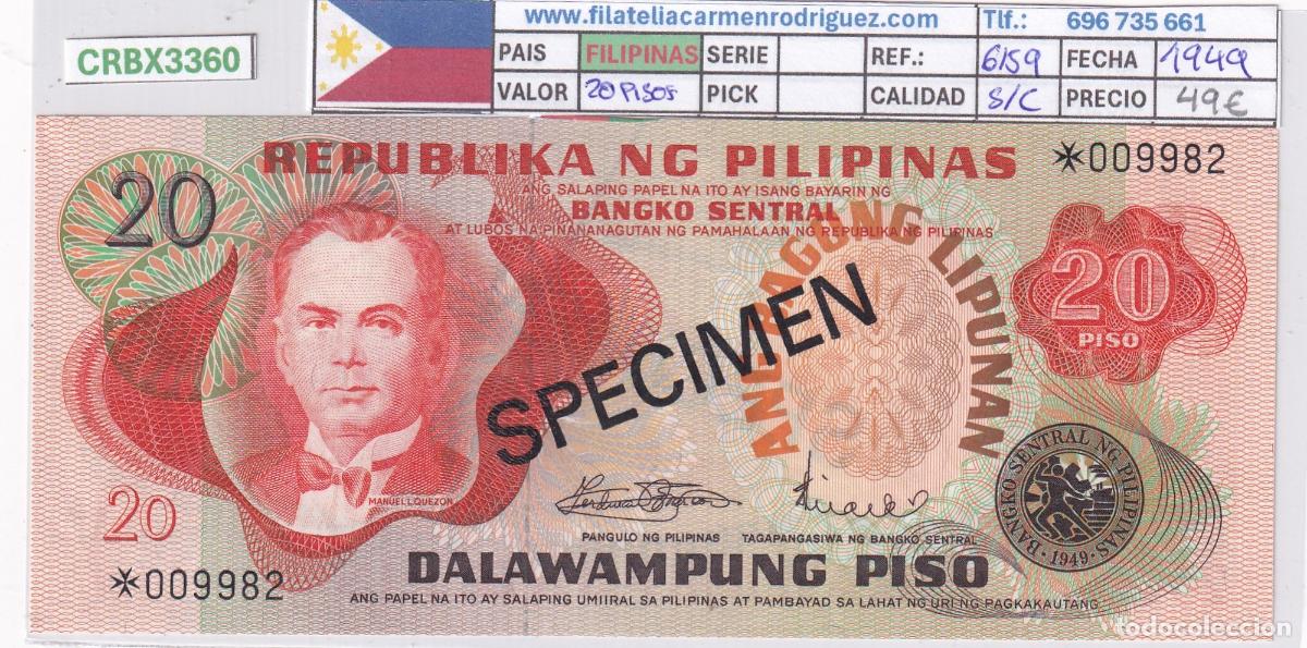 Billetes extranjeros: CRBX3360 BILLETE FILIPINAS 20 PISOS 1949 SPECIMEN SC
