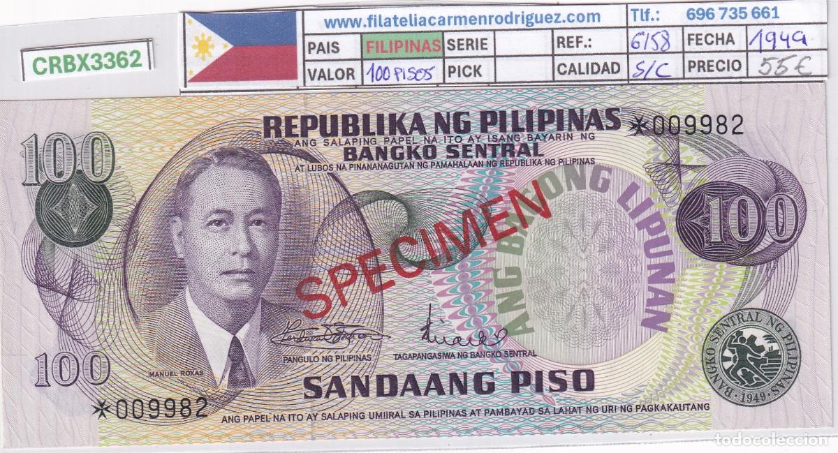 Billetes extranjeros: CRBX3362 BILLETE FILIPINAS 100 PISOS 1949 SPECIMEN SC