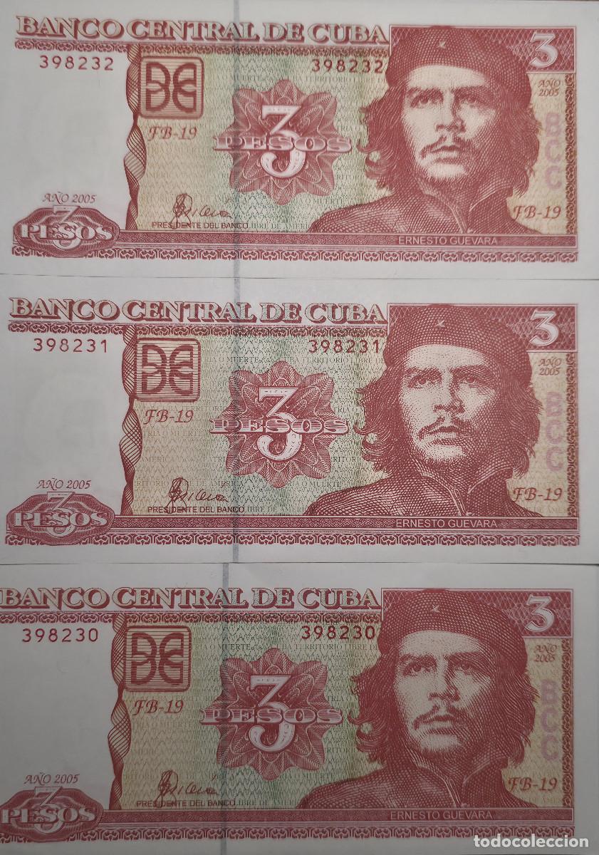 Billetes extranjeros: LOTE 3 BILLETES CORRELATIVOS DE CUBA 3 PESOS 2005, CHE GUEVARA