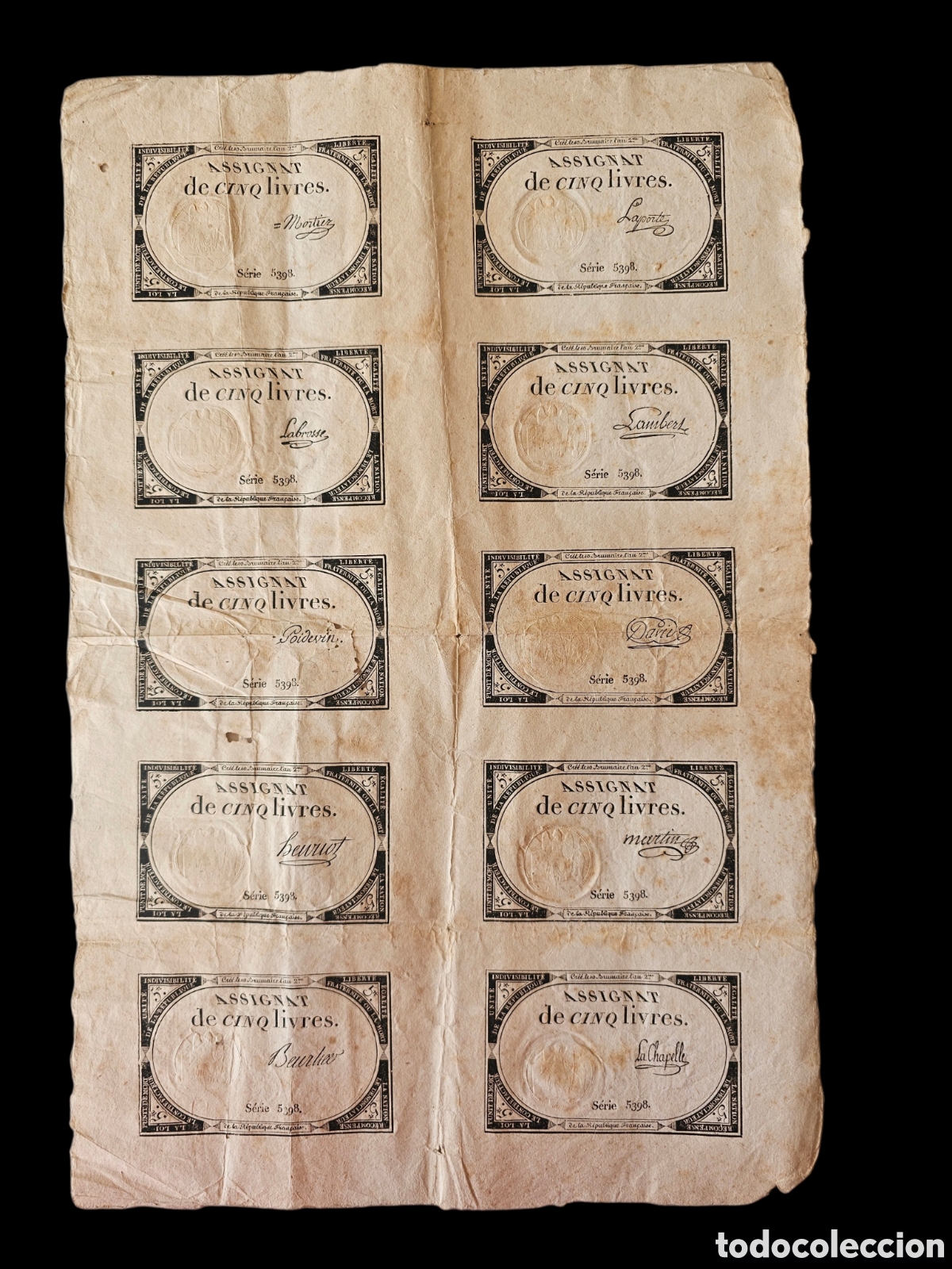 Billetes extranjeros: Plancha Completa 10 Asignatos. 5 Livres 1793 Revoluci&oacute;n Francesa.10 Firmas Manuales Diferentes