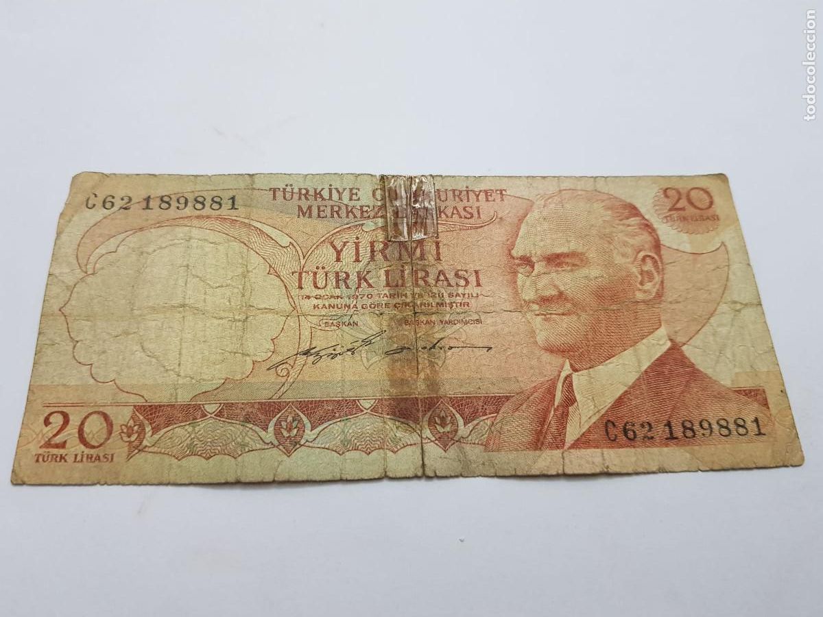 Billetes extranjeros: TURQUIA-20 LIRAS-1970