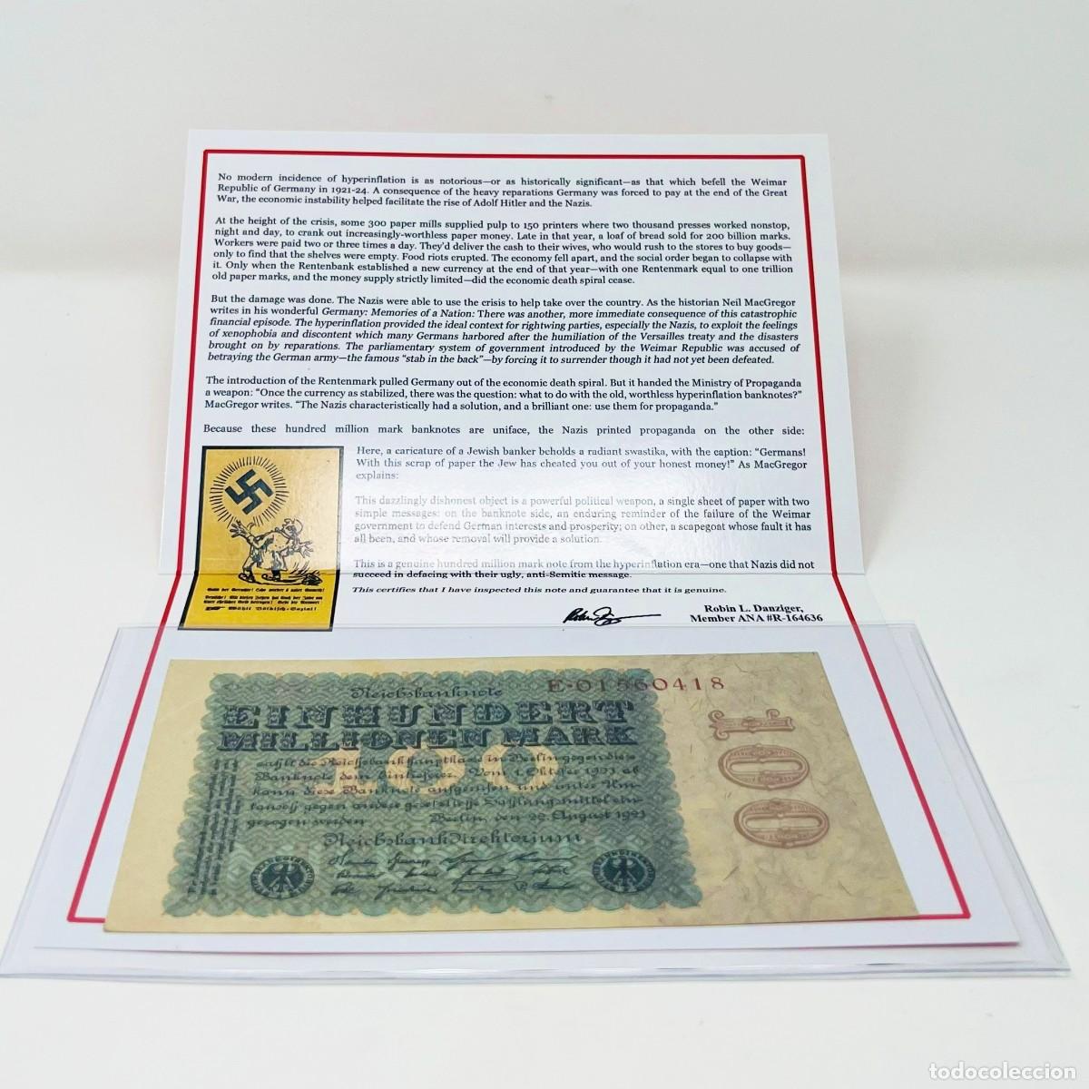 Billetes extranjeros: Billete Original 100 Millones de Marcos 1923 | Hiperinflaci&oacute;n Alemana | Certificado de Autenticidad