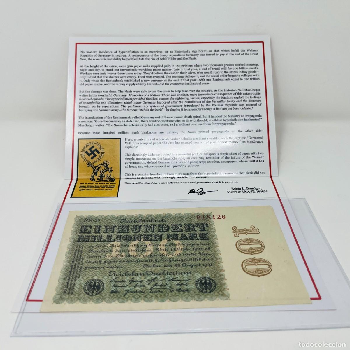 Billetes extranjeros: Billete Original 100 Millones de Marcos 1923 | Hiperinflaci&oacute;n Alemana | Certificado de Autenticidad