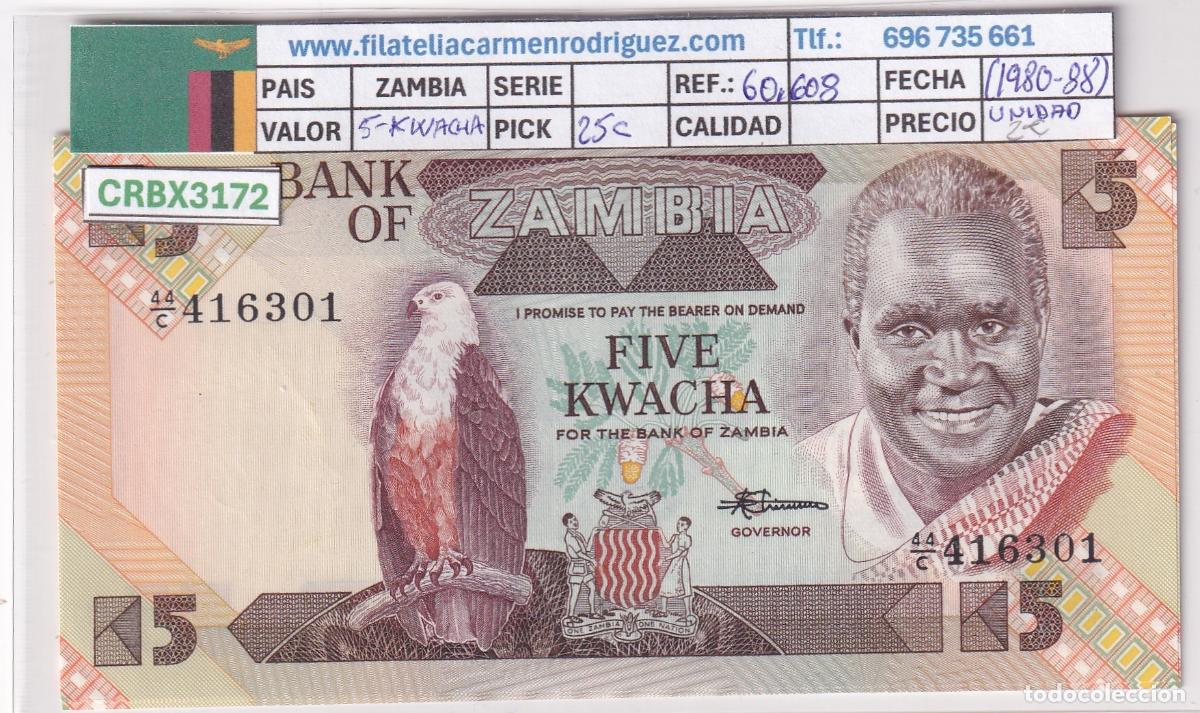 Billetes extranjeros: CRBX3172 BILLETE ZAMBIA 5 KWACHA 1980-88 SIN CIRCULAR