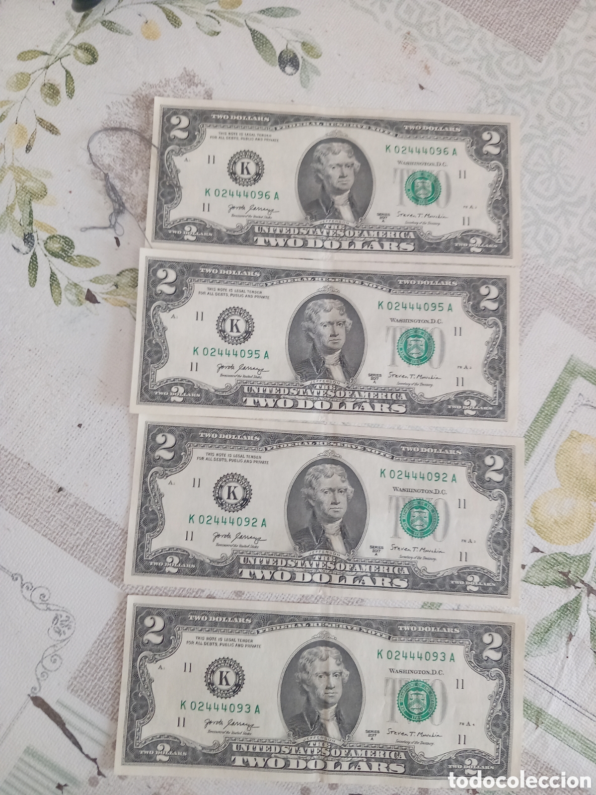 Billetes extranjeros: 4 BILLETES DOS DOLARES CORRELATIVOS 93/94 Y 95/96,,VER FOTOS