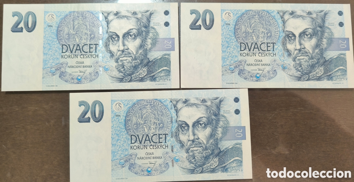 Billetes extranjeros: 3 BILLETES SIN CIRCULAR . BANCO DE REPUBLICA CHECA. 20 DVACET KORUN CESKYCH.
