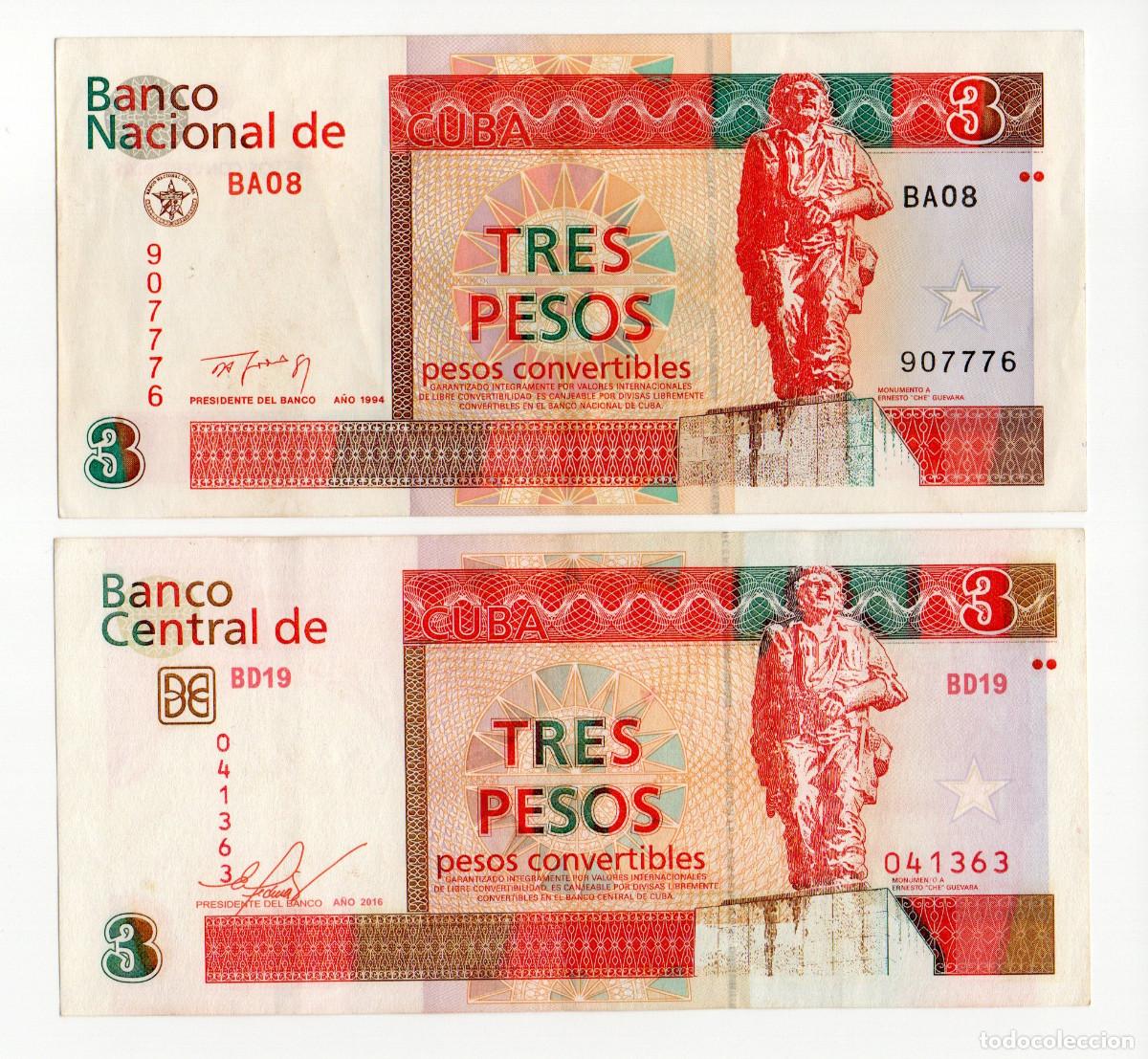 Billetes extranjeros: 2 Billetes Cuba 3 Pesos Convertibles 1994, 2016 SC-, MBC+
