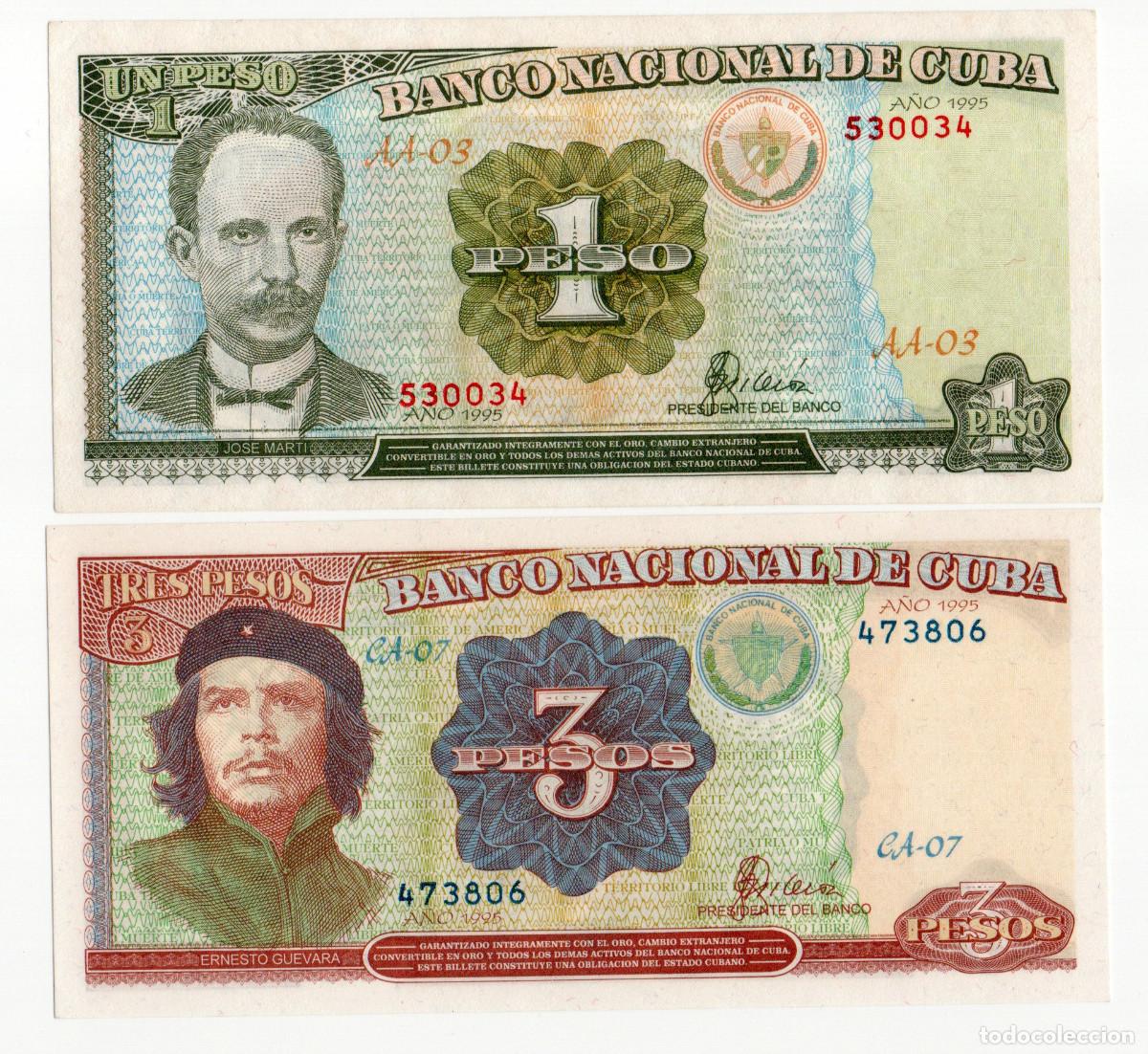 Billetes extranjeros: 2 Billetes Cuba 1 y 3 Pesos 1995 SC